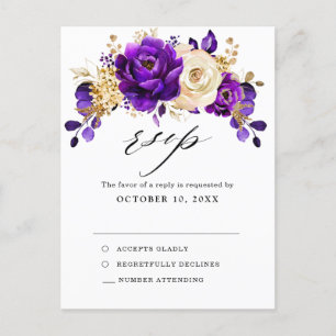 Royal Purple Violet Gold Botanical Wedding RSVP Postcard