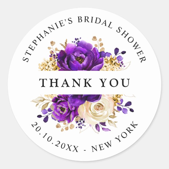 Royal Purple Violet Gold Bridal Shower Thank you  Classic Round Sticker (Front)