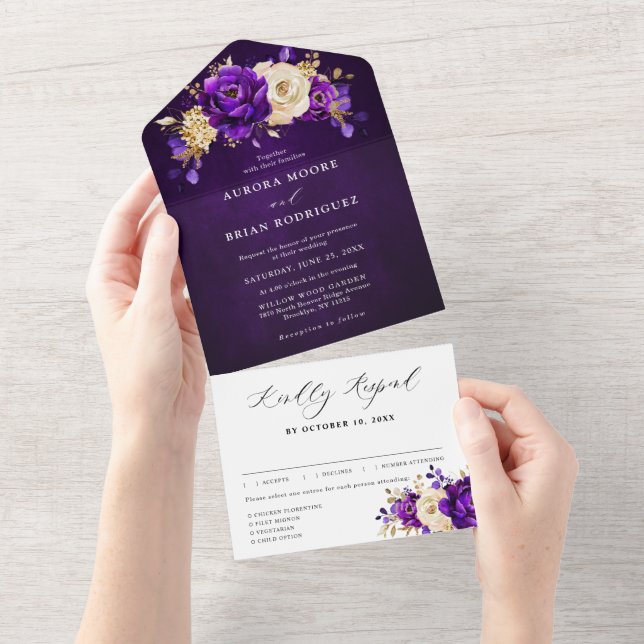Royal Purple Violet Gold Floral Botanical Wedding  All In One Invitation (Tearaway)