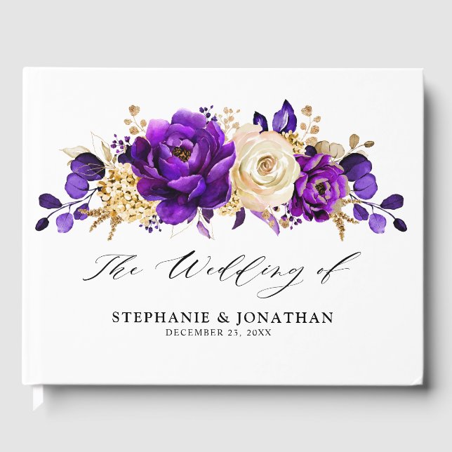 Royal Purple Violet Gold Floral Botanical Wedding Guest Book (Front)