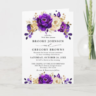 Royal Purple Violet Gold Floral Botanical Wedding Invitation