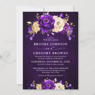 Royal Purple Violet Gold Floral Botanical Wedding Invitation