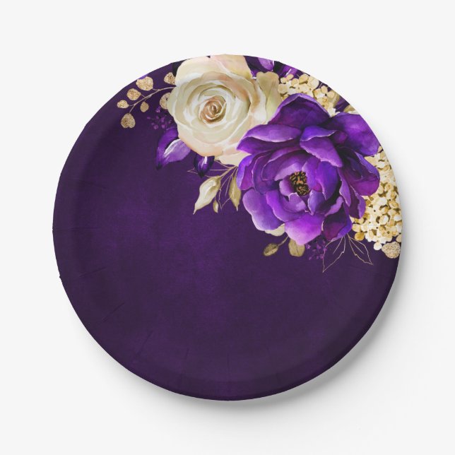 Royal Purple Violet Gold Floral Botanical Wedding  Paper Plate (Front)