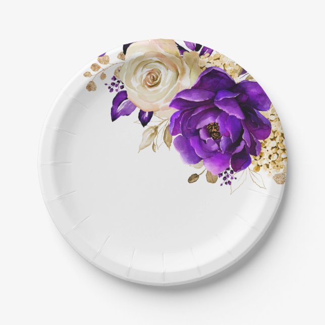 Royal Purple Violet Gold Floral Botanical Wedding Paper Plate (Front)