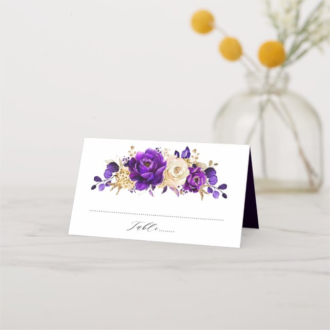 Royal Purple Violet Gold Floral Botanical Wedding Place Card (Front)