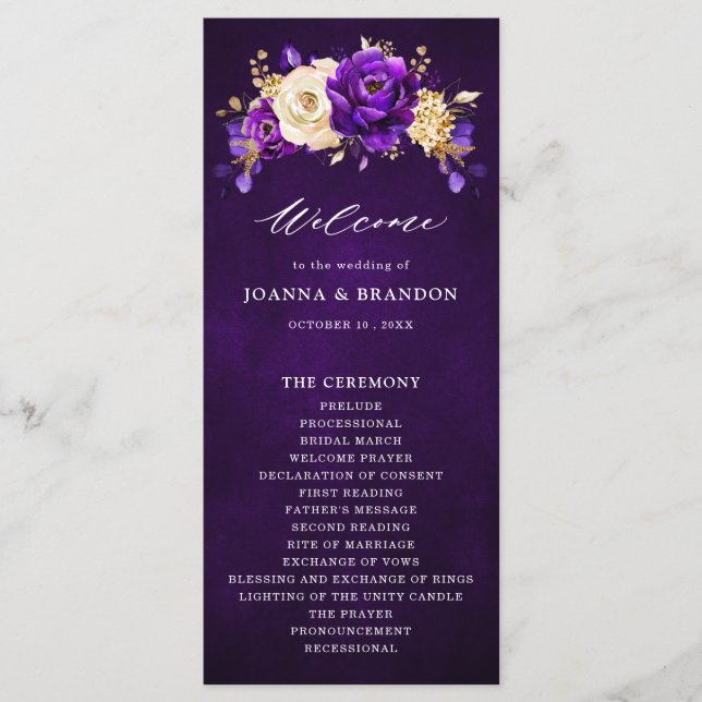 Royal Purple Violet Gold Floral Botanical Wedding  Programme (Front)
