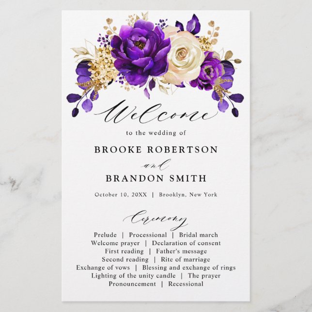Royal Purple Violet Gold Floral  Wedding  Program (Front)
