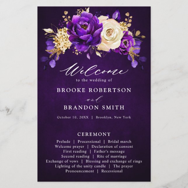 Royal Purple Violet Gold Floral  Wedding  Program (Front)