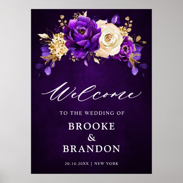 Royal Purple Violet Gold Floral  Wedding Welcome P Poster (Front)
