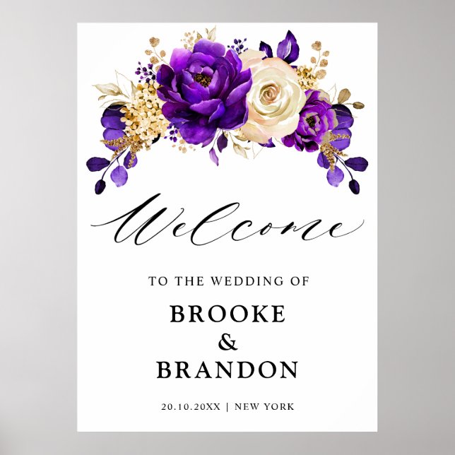 Royal Purple Violet Gold Floral  Wedding Welcome Poster (Front)