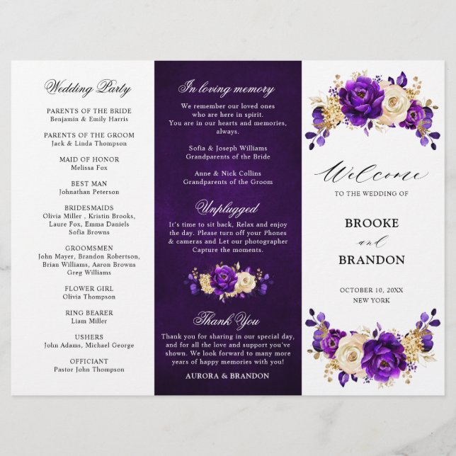 Royal Purple Violet Gold Wedding Tri-fold Program (Front)