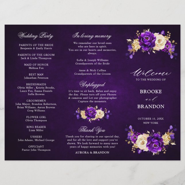 Royal Purple Violet Gold Wedding Tri Fold Program (Front)
