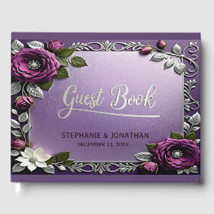 Royal Purple Violet Siver Floral Botanical Wedding Guest Book