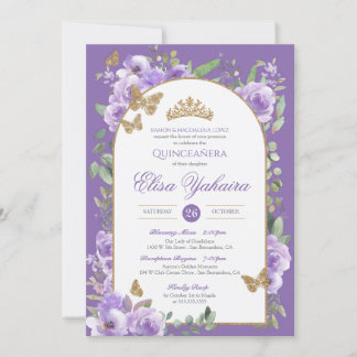Royal Purple Watercolor Golden Butterfly Quince Invitation