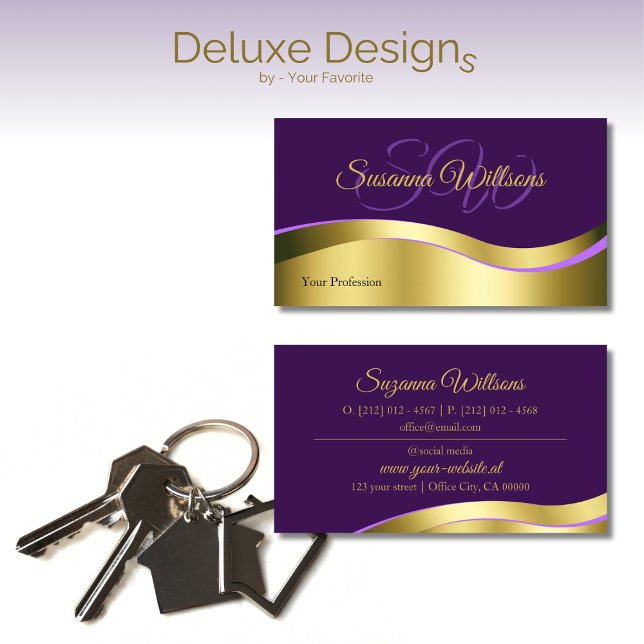 Royal Purple Wavy Gold Decor with Initials Elegant Business Card (Creator Uploaded)
