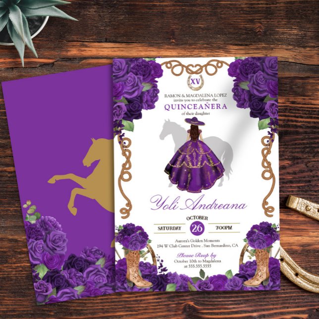 Royal Purple Western Charro Vestidos Quinceanera Invitation (Creator Uploaded)