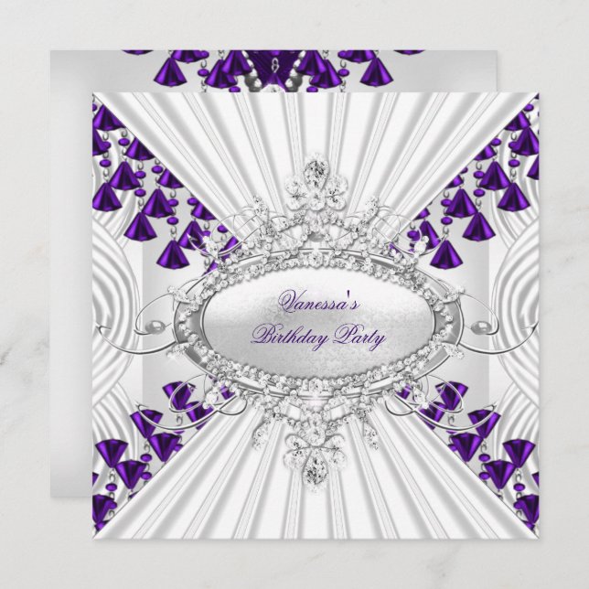Royal Purple White Diamond Beads Birthday Party Invitation (Front/Back)