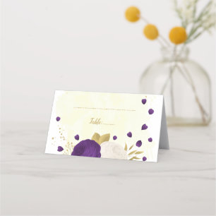 royal purple &white flowers botanical gold wedding place card