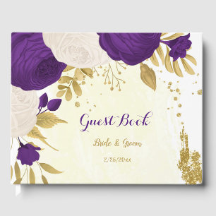 royal purple & white flowers gold botanical guest book