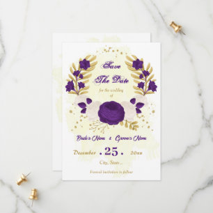royal purple white flowers gold botanical save the date