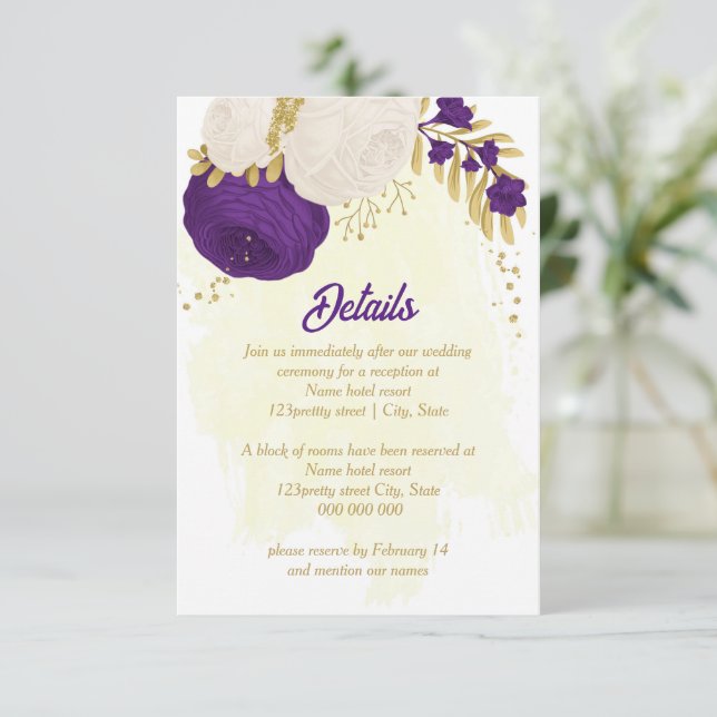 royal purple white flowers gold botanical wedding enclosure card (Standing Front)