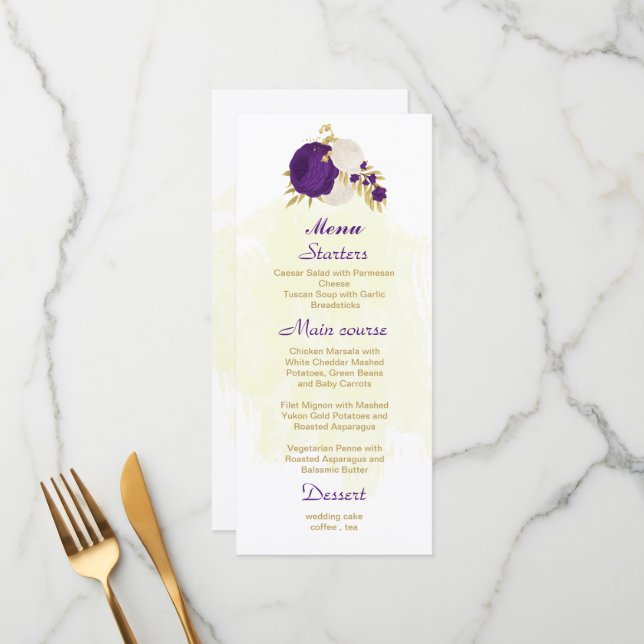 royal purple white flowers gold botanical wedding  menu (Front/Back In Situ)