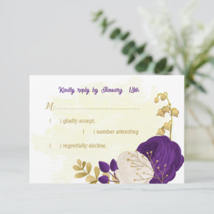 royal purple white flowers gold botanical wedding RSVP card