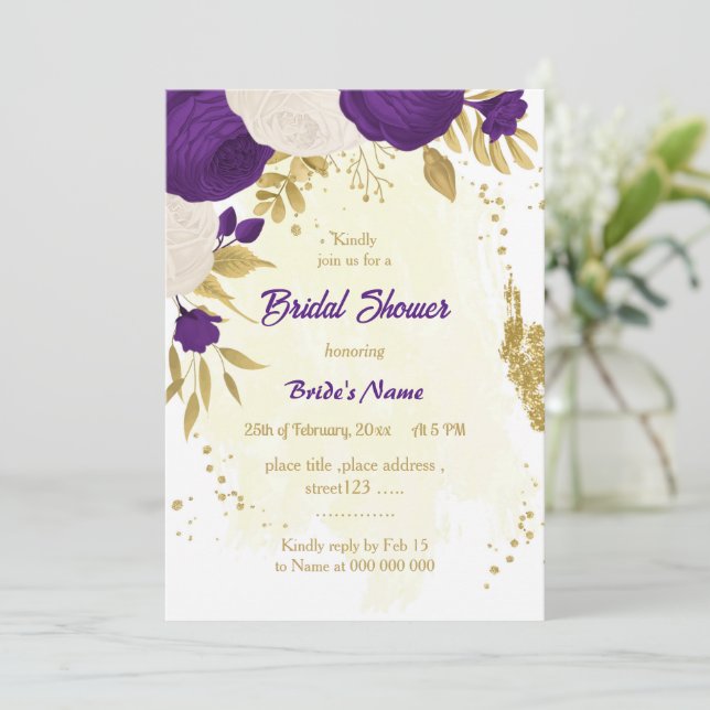 royal purple white flowers gold bridal shower invitation (Standing Front)