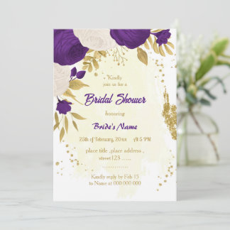 royal purple white flowers gold bridal shower invitation