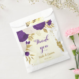 royal purple white flowers gold favour bags