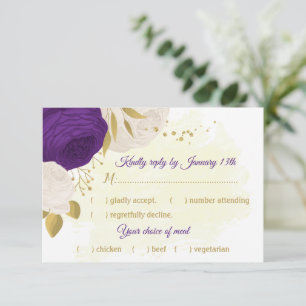 royal purple white flowers gold meal choice RSVP card