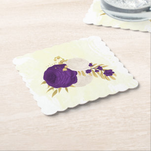 royal purple & white flowers gold paper coaster