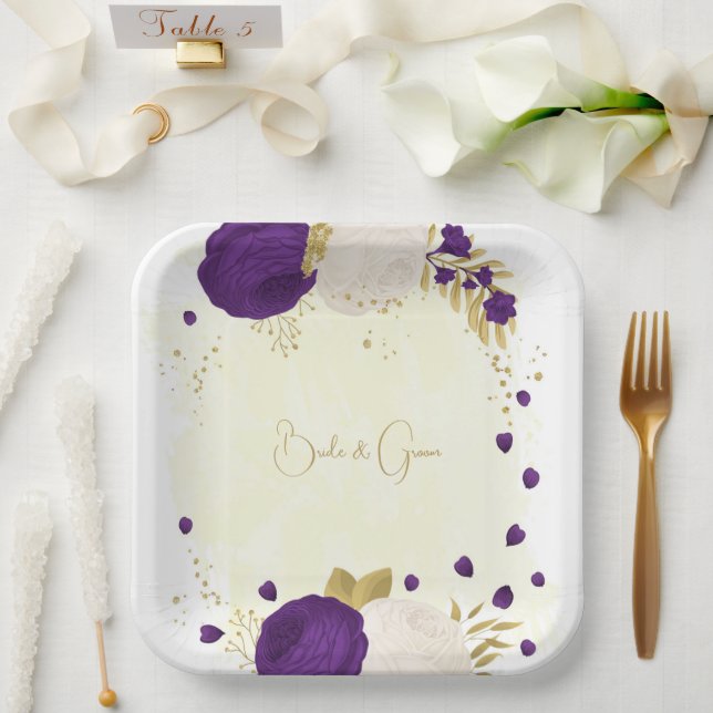 royal purple & white flowers gold paper plate (Wedding)