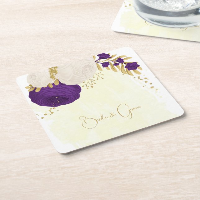 royal purple & white flowers gold square paper coaster (Angled)