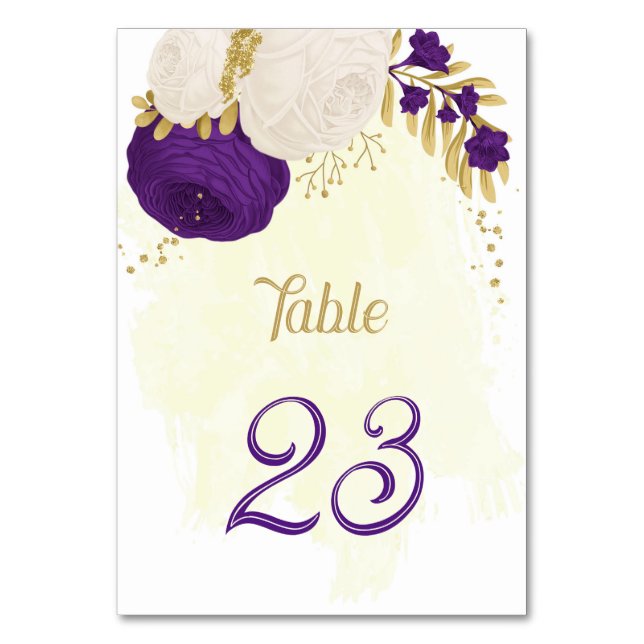 royal purple white flowers gold wedding table numb number (Front)