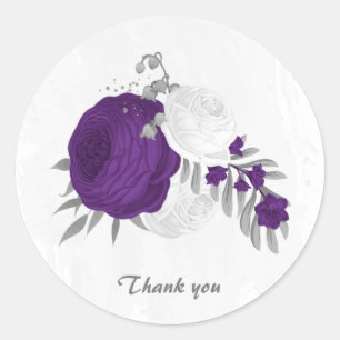 royal purple & white flowers silver classic round sticker