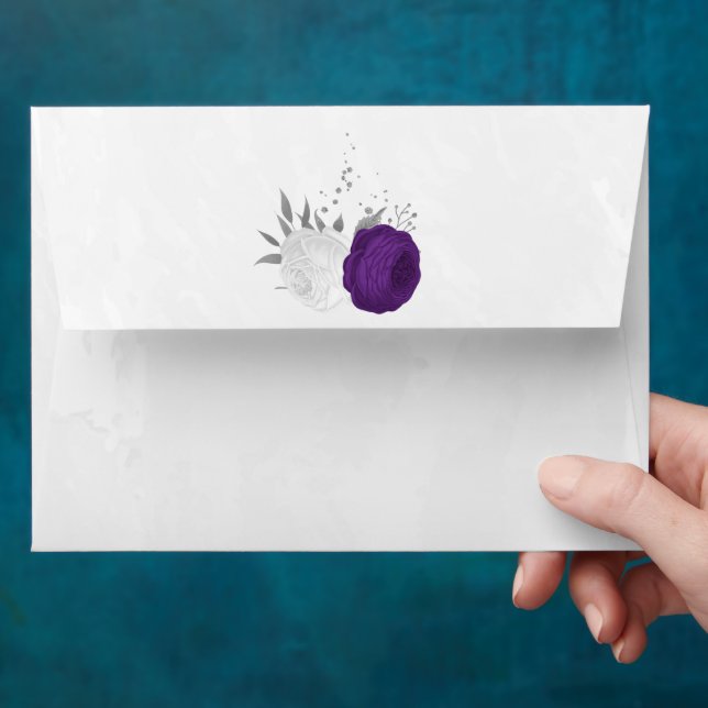 royal purple & white flowers silver wedding envelope (Hand)
