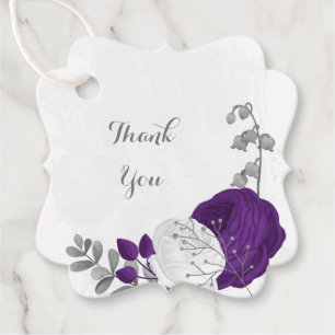 royal purple & white flowers silver wedding favour tags