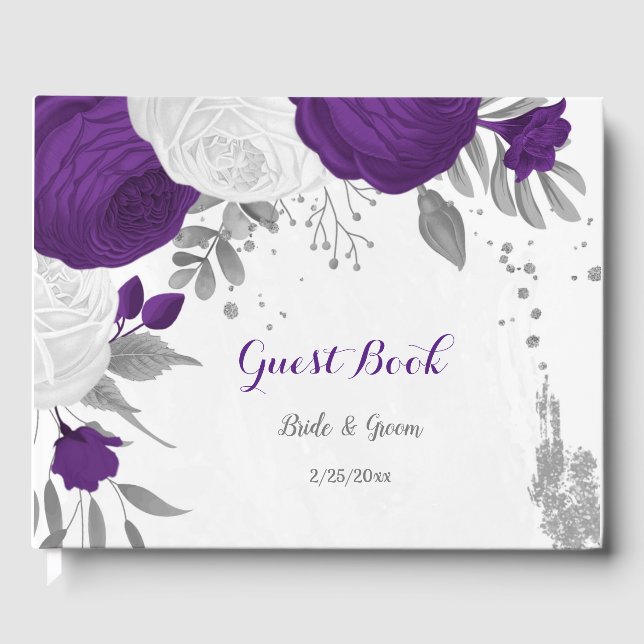 royal purple & white flowers silver wedding guest book (Front)