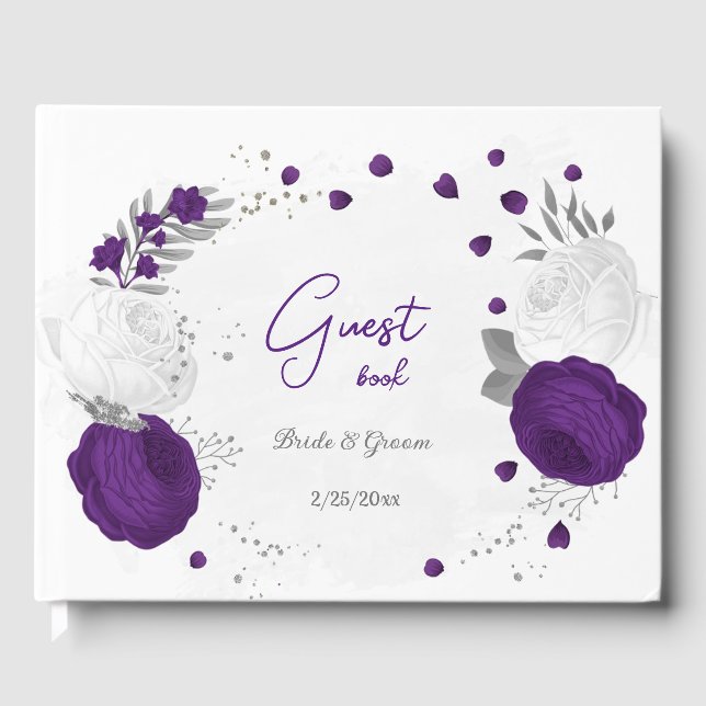 royal purple & white flowers silver wedding  guest book (Front)