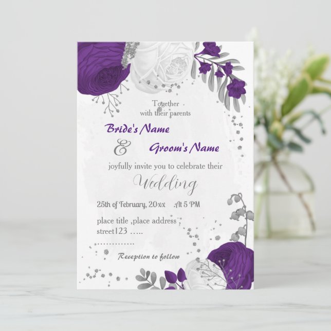royal purple white flowers silver wedding invitation (Standing Front)
