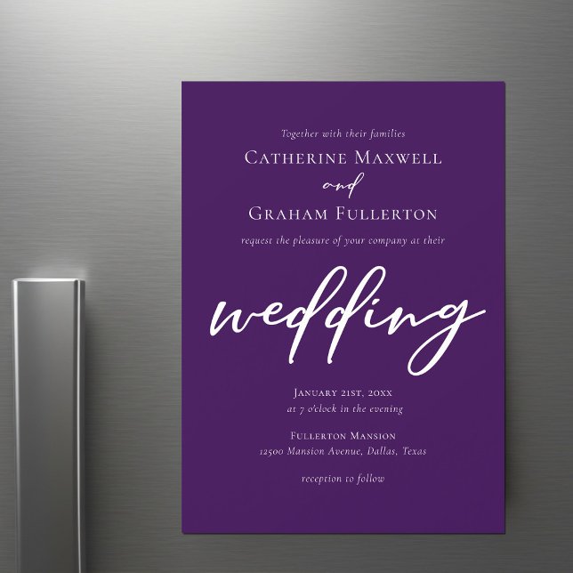 Royal Purple White Typography Evening Wedding Magnetic Invitation (Creator Uploaded)
