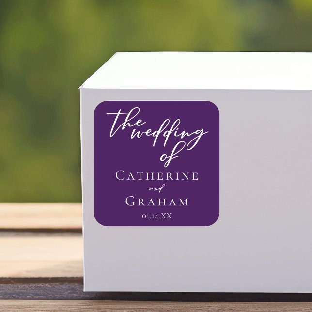 Royal Purple White Typography Evening Wedding Square Sticker (Creator Uploaded)