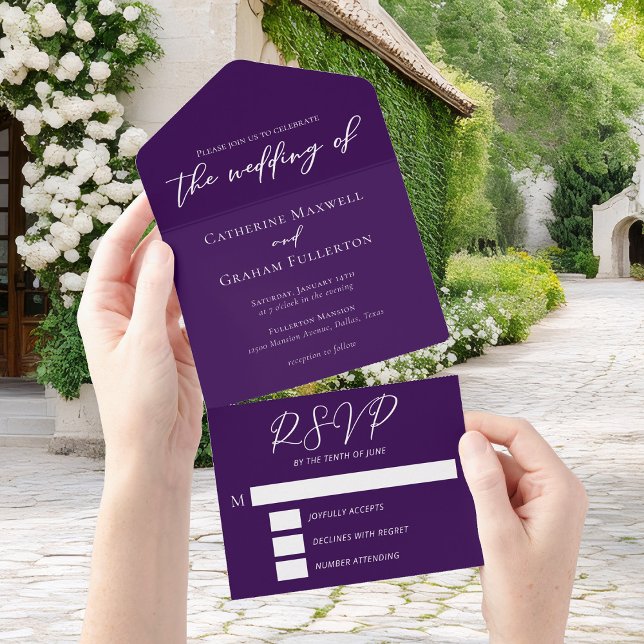 Royal Purple White Typography Personalised Wedding All In One Invitation (Creator Uploaded)