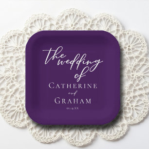 Royal Purple White Typography Personalised Wedding Paper Plate