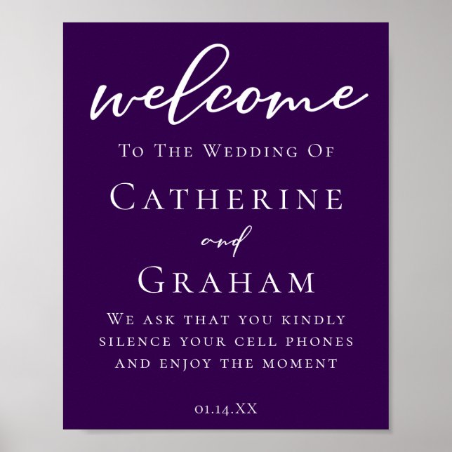 Royal Purple White Typography Personalised Wedding Poster (Front)