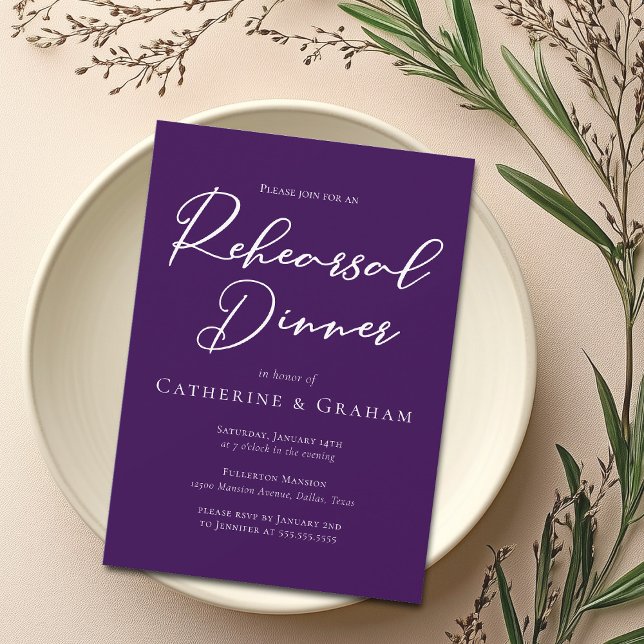 Royal Purple White Typography Rehearsal Dinner Invitation (Creator Uploaded)