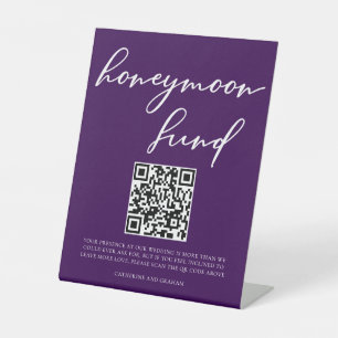 Royal Purple White Wedding Honeymoon Fund QR Code Pedestal Sign