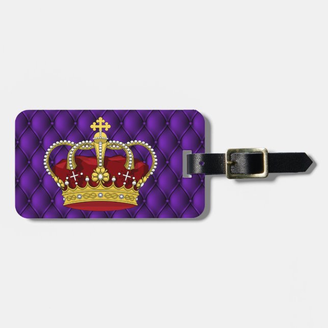 Royal Queen's Crown & Faux Purple Pintucks Luggage Tag (Front Horizontal)