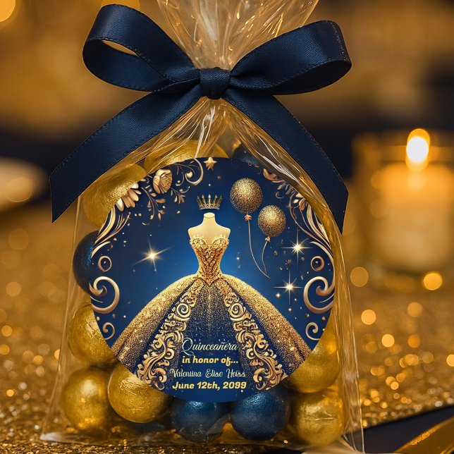 Royal Quinceañera Gold and Navy Princess Theme Classic Round Sticker (Creator Uploaded)